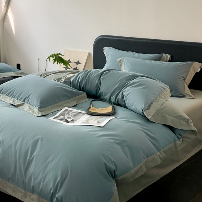 91家纺网 家纺一手货源 找家纺 金麦家纺 2024新款A类全棉水洗棉礼盒装纯色双拼系列四件套 宾利兰-繁星蓝