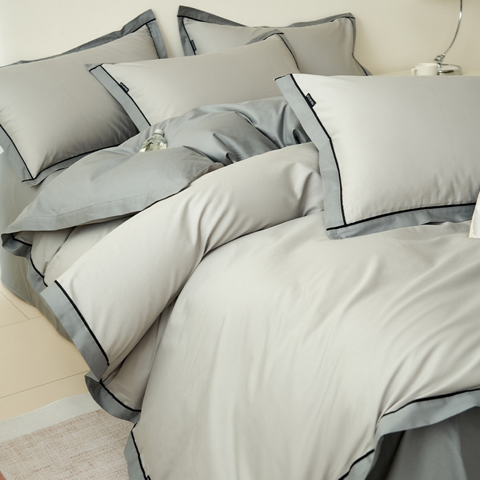 91家纺网 家纺一手货源 找家纺 小懒猪 2024新款全棉斜纹精梳棉双拼色拼角包边款四件套 拼角椰子灰-月岩灰