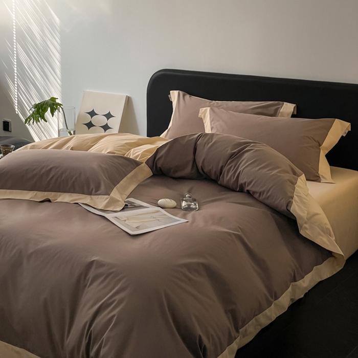 91家纺网 家纺一手货源 找家纺 金麦家纺 2024新款A类全棉水洗棉礼盒装纯色双拼系列四件套 太妃咖-香槟