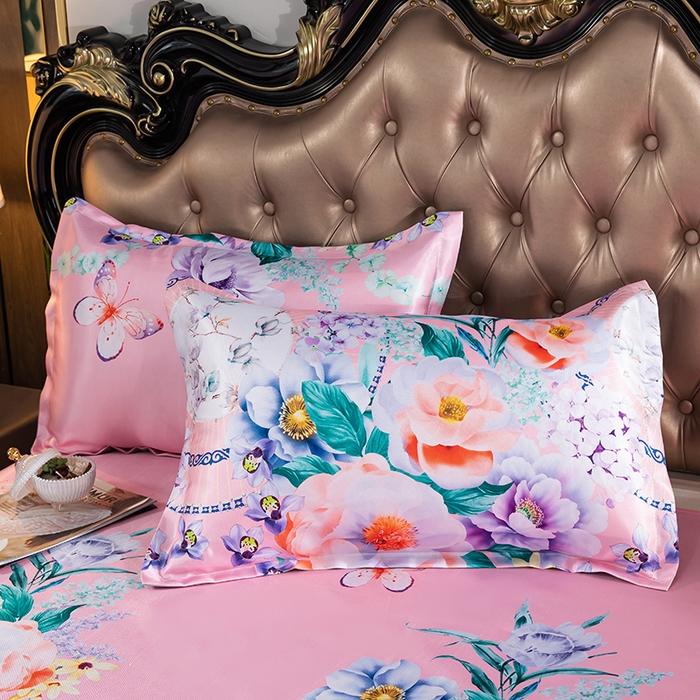 91家纺网 家纺一手货源 找家纺 席之家 2024新款冰丝印花凉席三件套 花开富贵粉