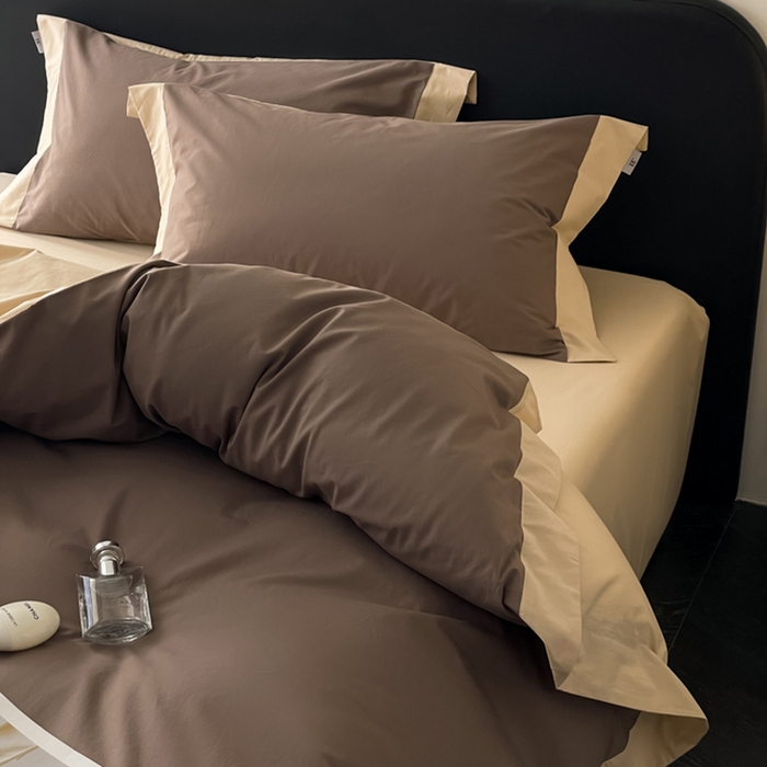 91家纺网 家纺一手货源 找家纺 金麦家纺 2024新款A类全棉水洗棉礼盒装纯色双拼系列四件套 太妃咖-香槟