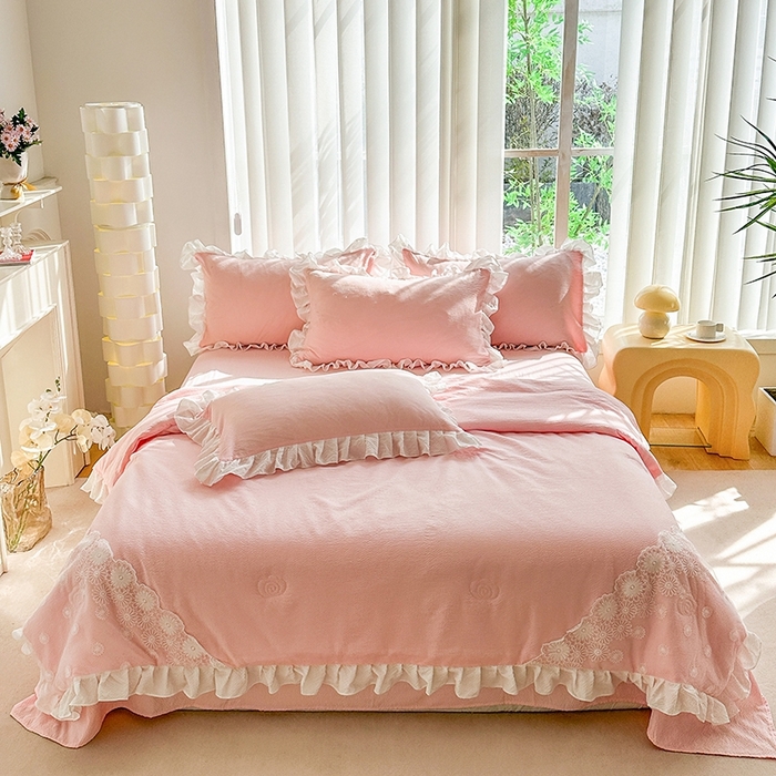 91家纺网 家纺一手货源 找家纺 唐人居 2025新款韩版花边泡泡纱夏被四件套--简爱  简爱 玉