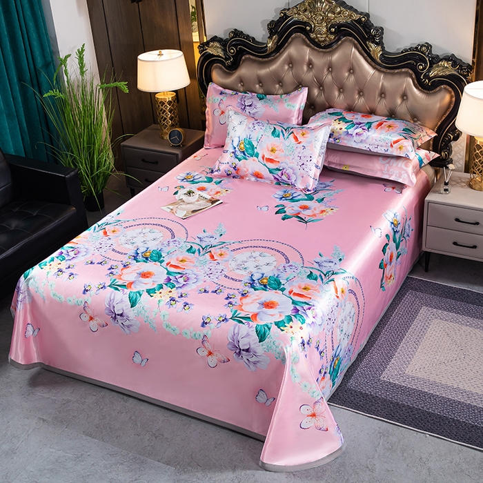 91家纺网 家纺一手货源 找家纺 席之家 2024新款冰丝印花凉席三件套 花开富贵粉