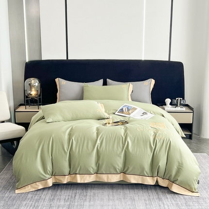 91家纺网 家纺一手货源 找家纺 云雀 2025新款全棉轻奢刺绣宽边四件套（直播款）-蒂梵 蒂梵-果绿