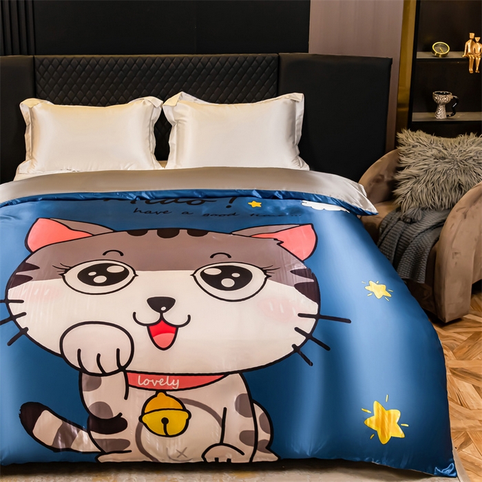 91家纺网 家纺一手货源 找家纺 2025年新款大版冰丝被套 招财小猫-大版冰丝被套