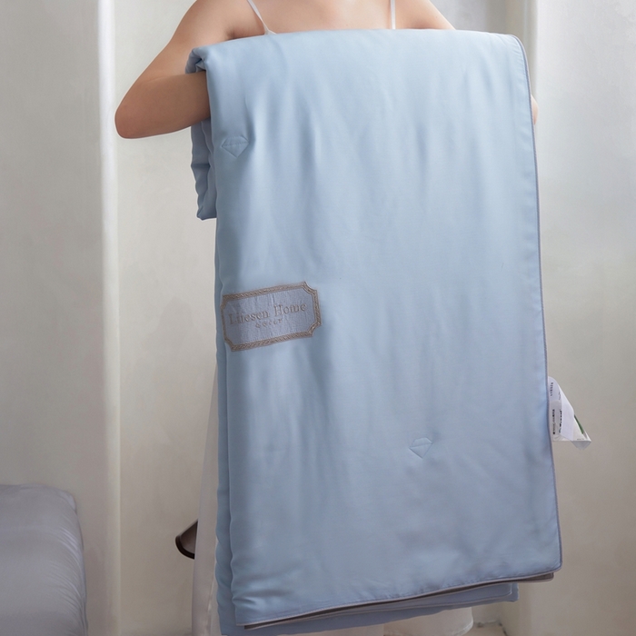 91家纺网 家纺一手货源 找家纺 丽笙 2024新款A类兰精天丝素色刺绣夏被被子被芯 莫兰迪极光蓝