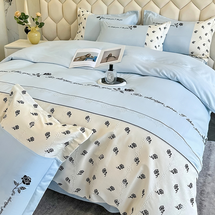 91家纺网 家纺一手货源 找家纺 梦舒羽 2025新款 莱赛尔天丝四件套-玫瑰之约 玫瑰之约-蓝