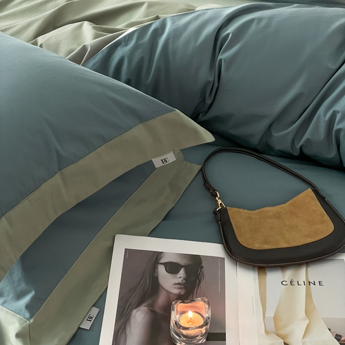 91家纺网 家纺一手货源 找家纺 金麦家纺 2024新款A类全棉水洗棉礼盒装纯色双拼系列四件套 宾利兰-繁星蓝