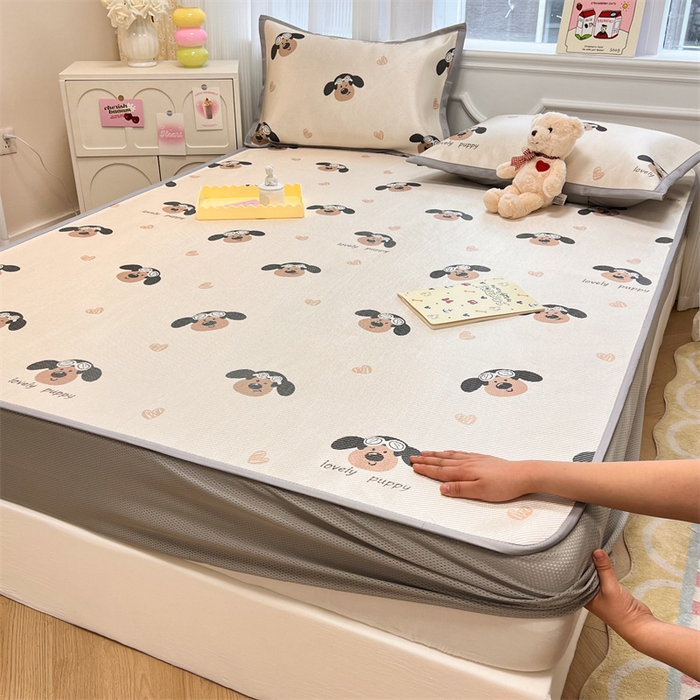 91家纺网 家纺一手货源 找家纺 慕尚 2025新款800D冰藤凉席 萌萌狗-床笠款