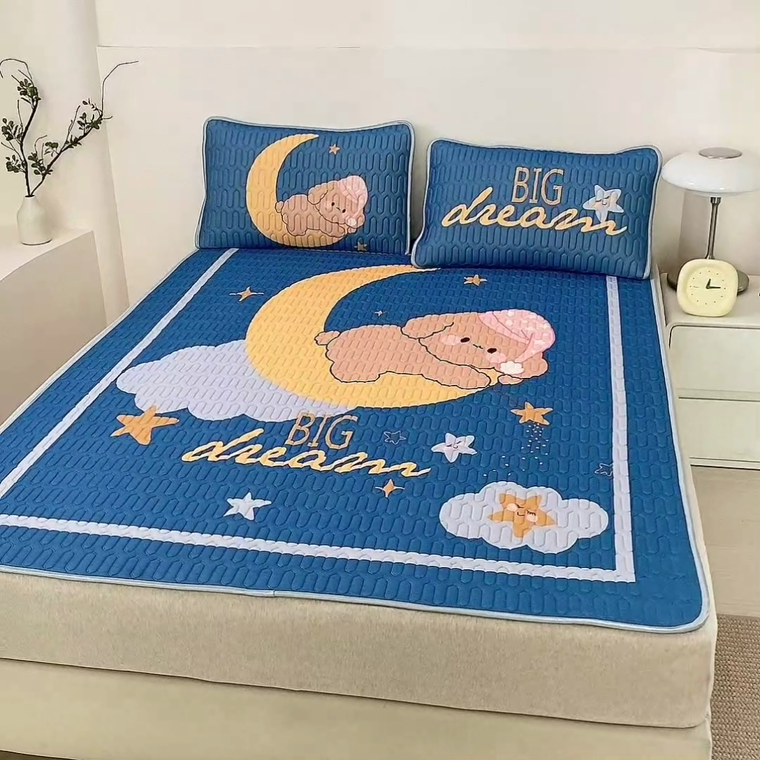 91家纺网 家纺一手货源 找家纺 美丽折家纺 2025新款6mm厚大版卡通乳胶凉席 晚安-蓝