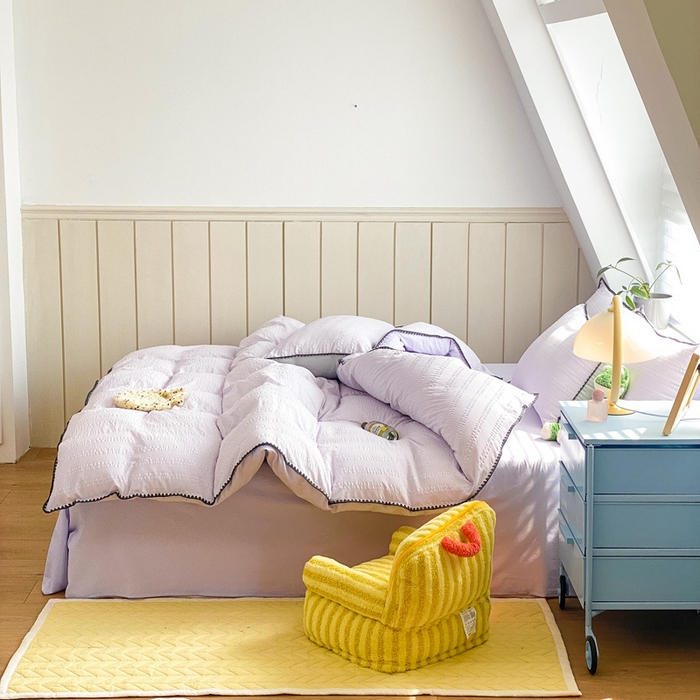 91家纺网 家纺一手货源 找家纺 羋多 2024新款贝壳边雨泡泡棉泡泡纱双层纱四件套 香芋紫