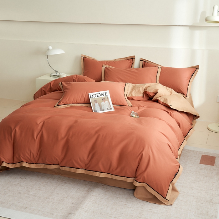 91家纺网 家纺一手货源 找家纺 小懒猪 2024新款全棉斜纹精梳棉双拼色拼角包边款四件套 拼角蜜棕红-茶棕