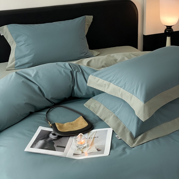 91家纺网 家纺一手货源 找家纺 金麦家纺 2024新款A类全棉水洗棉礼盒装纯色双拼系列四件套 宾利兰-繁星蓝