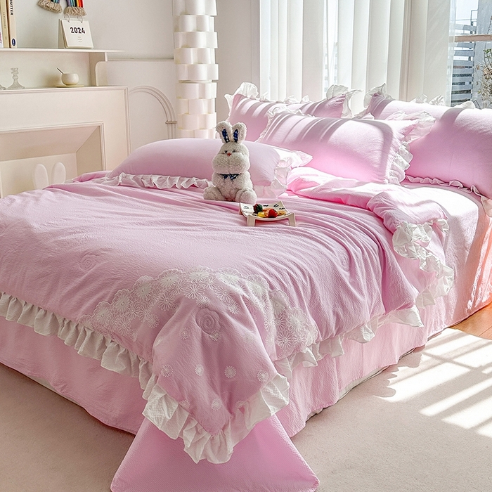 91家纺网 家纺一手货源 找家纺 唐人居 2025新款韩版花边泡泡纱夏被四件套--简爱  简爱 粉