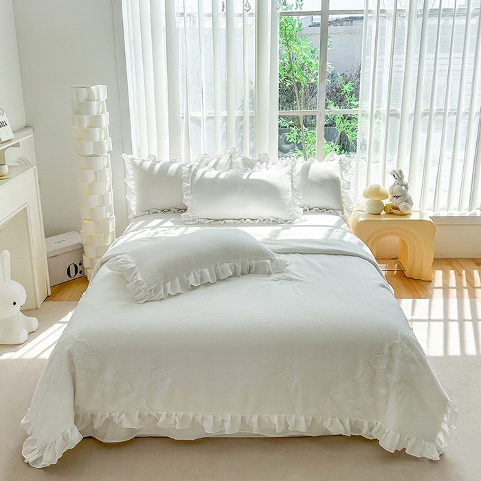 91家纺网 家纺一手货源 找家纺 唐人居 2025新款韩版花边泡泡纱夏被四件套--简爱  简爱 白