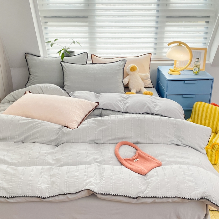 91家纺网 家纺一手货源 找家纺 羋多 2024新款贝壳边雨泡泡棉泡泡纱双层纱四件套 雅士灰