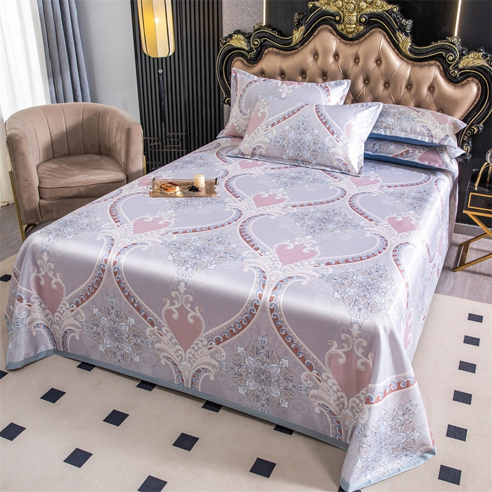 91家纺网 家纺一手货源 找家纺 席之家 2024新款冰丝印花凉席三件套 欧式典雅粉