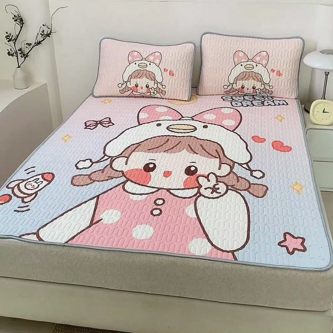 91家纺网 家纺一手货源 找家纺 美丽折家纺 2025新款6mm厚大版卡通乳胶凉席 波点女孩