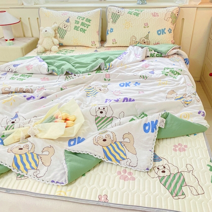 寐居家纺 2024新款时尚印花凉感丝乳胶凉席小花边夏被四件套系列 酷仔汪