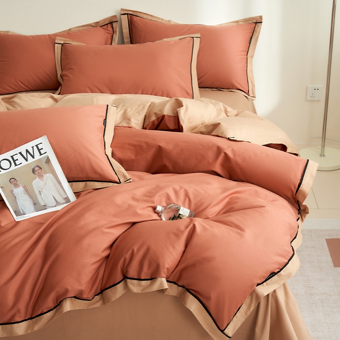 91家纺网 家纺一手货源 找家纺 小懒猪 2024新款全棉斜纹精梳棉双拼色拼角包边款四件套 拼角蜜棕红-茶棕