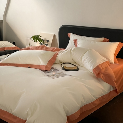 91家纺网 家纺一手货源 找家纺 金麦家纺 2024新款A类全棉水洗棉礼盒装纯色双拼系列四件套 奶昔-焦糖