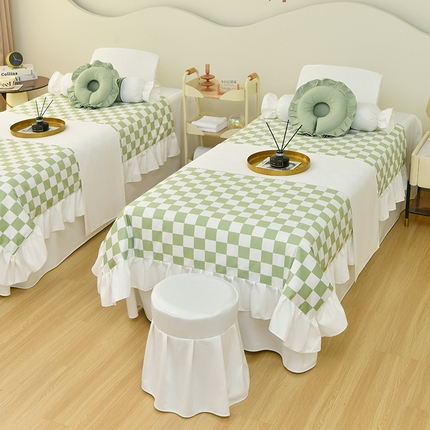 维琪尔 2024新款荷兰尼美 容床罩四件套 格子 白拼抹茶绿