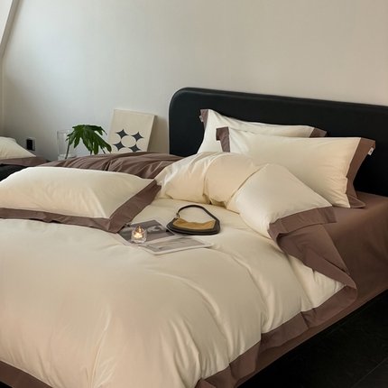 91家纺网 家纺一手货源 找家纺 金麦家纺 2024新款A类全棉水洗棉礼盒装纯色双拼系列四件套 奶昔-太妃咖