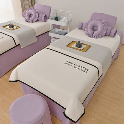 维琪尔 2024新款玛卡棉美 容床罩四件套 米白拼浅紫