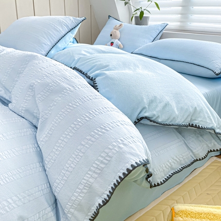 91家纺网 家纺一手货源 找家纺 （总）羋多家纺 2024新款麻绳边纯色雨泡泡棉泡泡纱双层纱夏被四件套系列