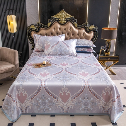 91家纺网 家纺一手货源 找家纺 席之家 2024新款冰丝印花凉席三件套 欧式典雅粉