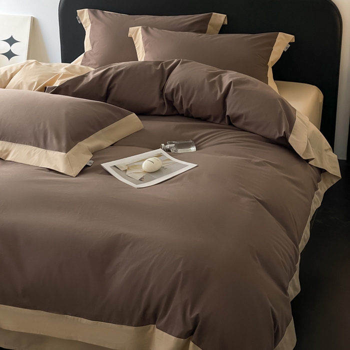 91家纺网 家纺一手货源 找家纺 金麦家纺 2024新款A类全棉水洗棉礼盒装纯色双拼系列四件套 太妃咖-香槟