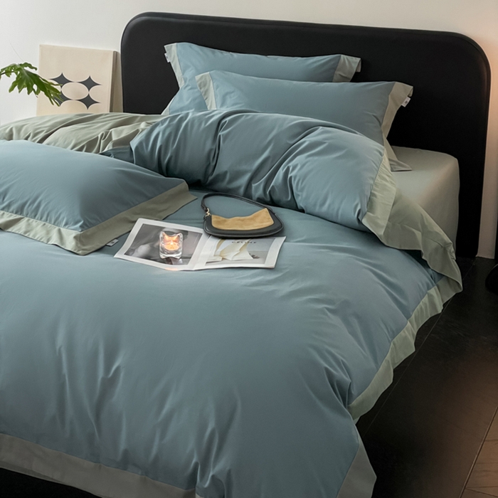 91家纺网 家纺一手货源 找家纺 金麦家纺 2024新款A类全棉水洗棉礼盒装纯色双拼系列四件套 宾利兰-繁星蓝