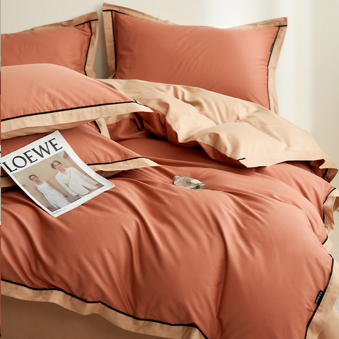 91家纺网 家纺一手货源 找家纺 小懒猪 2024新款全棉斜纹精梳棉双拼色拼角包边款四件套 拼角蜜棕红-茶棕