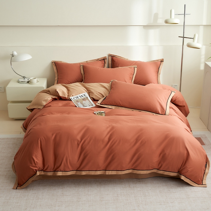 91家纺网 家纺一手货源 找家纺 小懒猪 2024新款全棉斜纹精梳棉双拼色拼角包边款四件套 拼角蜜棕红-茶棕