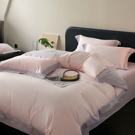 91家纺网 家纺一手货源 找家纺 金麦家纺 2024新款A类全棉水洗棉礼盒装纯色双拼系列四件套 微微粉-青叶紫