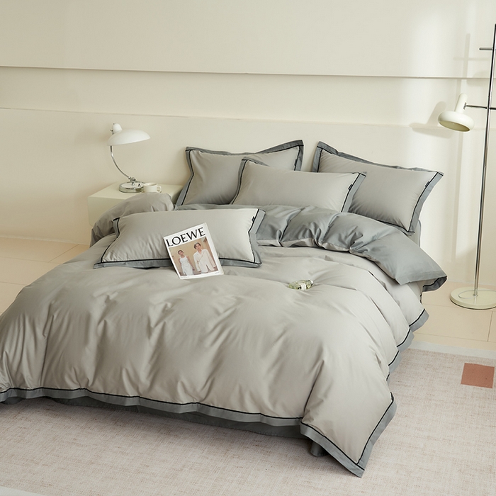 91家纺网 家纺一手货源 找家纺 小懒猪 2024新款全棉斜纹精梳棉双拼色拼角包边款四件套 拼角椰子灰-月岩灰