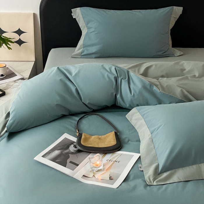 91家纺网 家纺一手货源 找家纺 金麦家纺 2024新款A类全棉水洗棉礼盒装纯色双拼系列四件套 宾利兰-繁星蓝