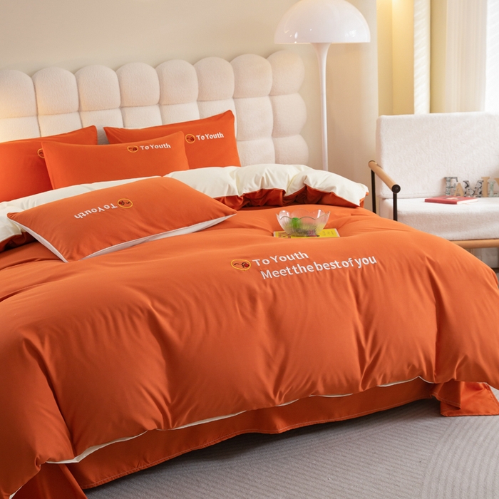 91家纺网 家纺一手货源 找家纺 梦恬佳 2024新款水洗磨毛四件套 海棠橙