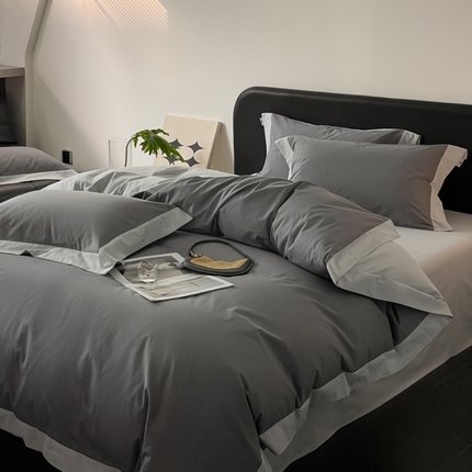91家纺网 家纺一手货源 找家纺 金麦家纺 2024新款A类全棉水洗棉礼盒装纯色双拼系列四件套 星辰灰-斑鸠灰