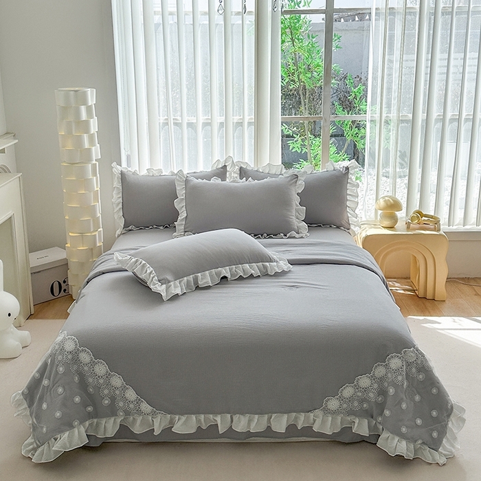91家纺网 家纺一手货源 找家纺 唐人居 2025新款韩版花边泡泡纱夏被四件套--简爱  简爱 灰