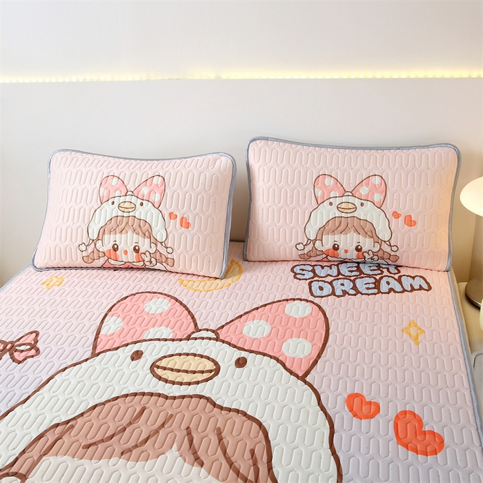 91家纺网 家纺一手货源 找家纺 美丽折家纺 2025新款6mm厚大版卡通乳胶凉席 波点女孩