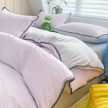 91家纺网 家纺一手货源 找家纺 （总）羋多家纺 2024新款麻绳边纯色雨泡泡棉泡泡纱双层纱夏被四件套系列