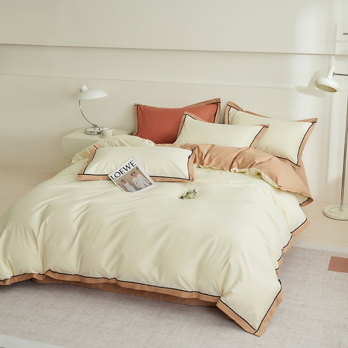 91家纺网 家纺一手货源 找家纺 小懒猪 2024新款全棉斜纹精梳棉双拼色拼角包边款四件套 拼角奶昔白-茶棕