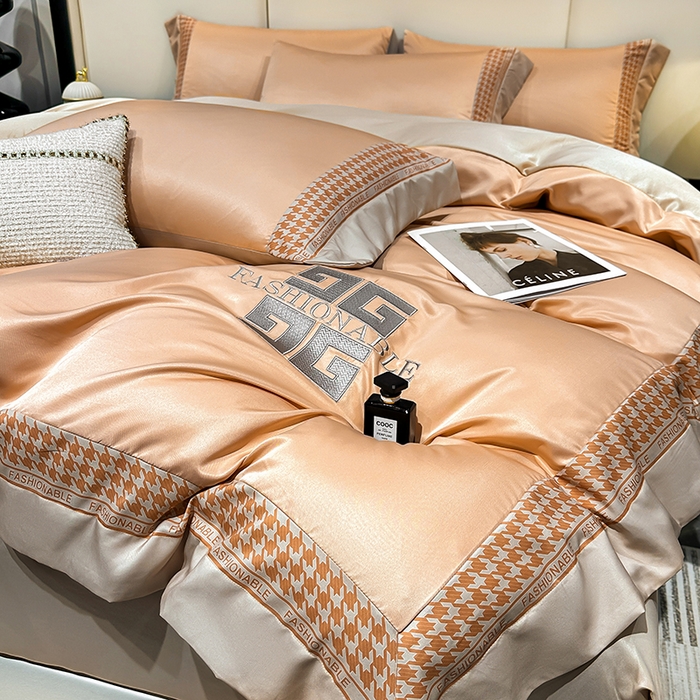 91家纺网 家纺一手货源 找家纺 富盛家纺 2024新款水洗真丝刺绣四件套-威灵顿 威灵顿—橘色