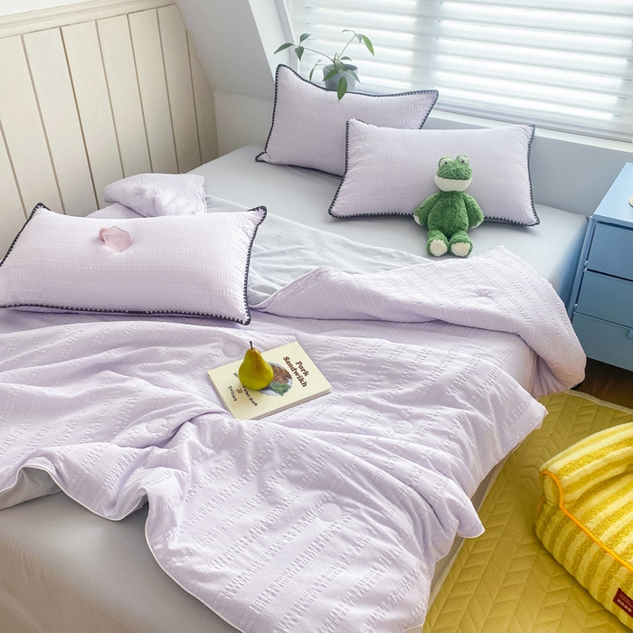 91家纺网 家纺一手货源 找家纺 羋多家纺 2024新款麻绳边纯色雨泡泡棉泡泡纱双层纱单夏被 香芋紫+雅士灰