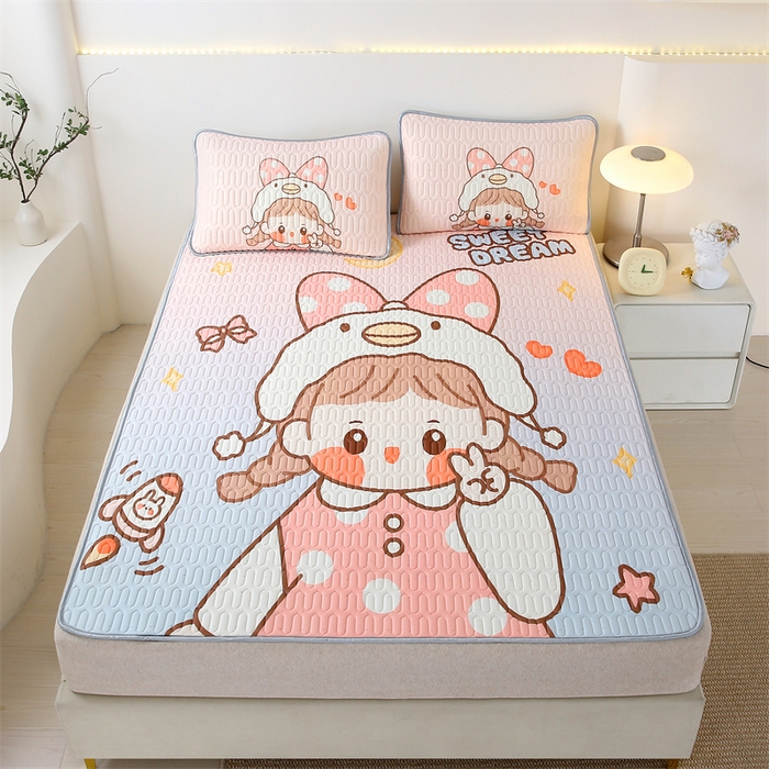 91家纺网 家纺一手货源 找家纺 美丽折家纺 2025新款6mm厚大版卡通乳胶凉席 波点女孩