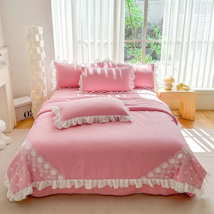 91家纺网 家纺一手货源 找家纺 唐人居 2025新款韩版花边泡泡纱夏被四件套--简爱  简爱 豆沙