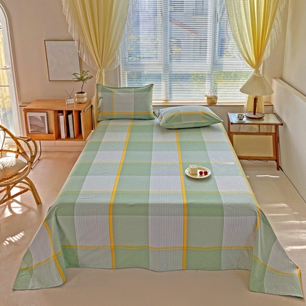 韩后家纺 2024新款纯棉色织老粗布床单 绿黄条