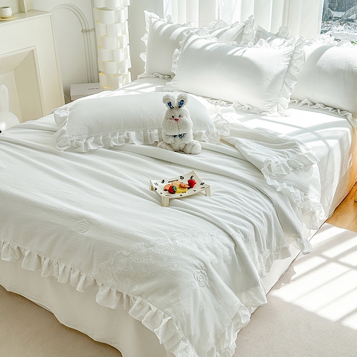 91家纺网 家纺一手货源 找家纺 唐人居 2025新款韩版花边泡泡纱夏被四件套--简爱  简爱 白