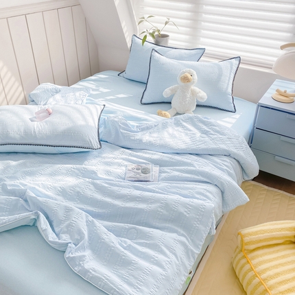 91家纺网 家纺一手货源 找家纺 （总）羋多家纺 2024新款麻绳边纯色雨泡泡棉泡泡纱双层纱夏被四件套系列